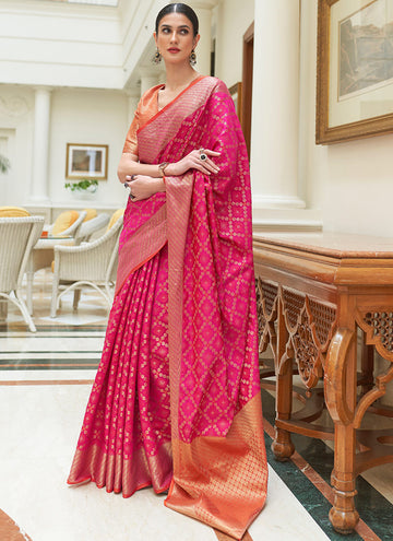 Traditional Bandhni Patola Print Silk Pink Saree for Festival